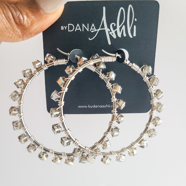 Jessi "Crystal Gunmetal" Hoops (Silver)