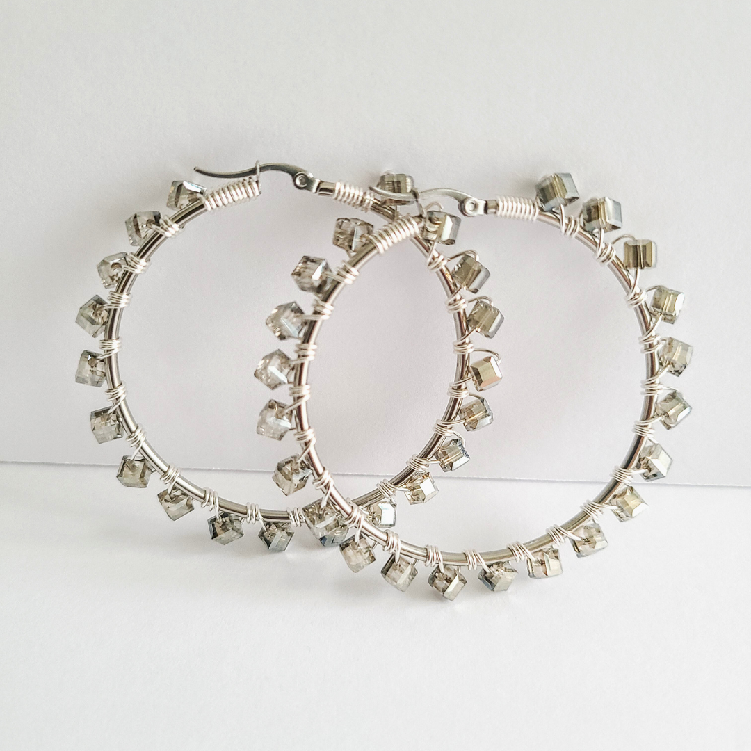 Jessi "Crystal Gunmetal" Hoops (Silver)