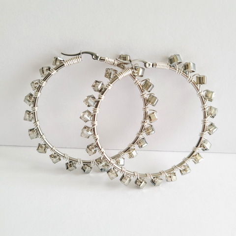 Jessi "Crystal Gunmetal" Hoops (Silver)
